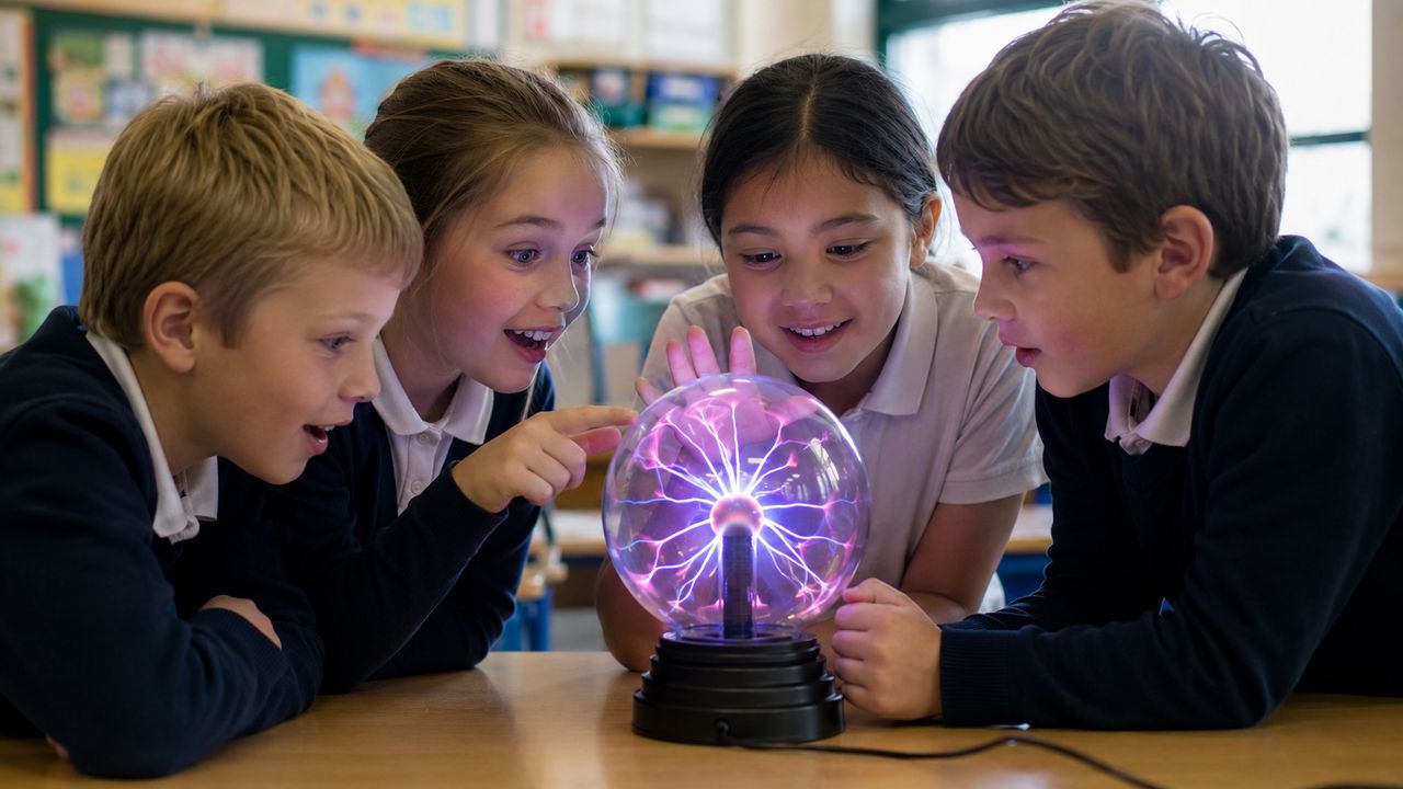 Primary students gathered around a glowing plasma globe in their classroom