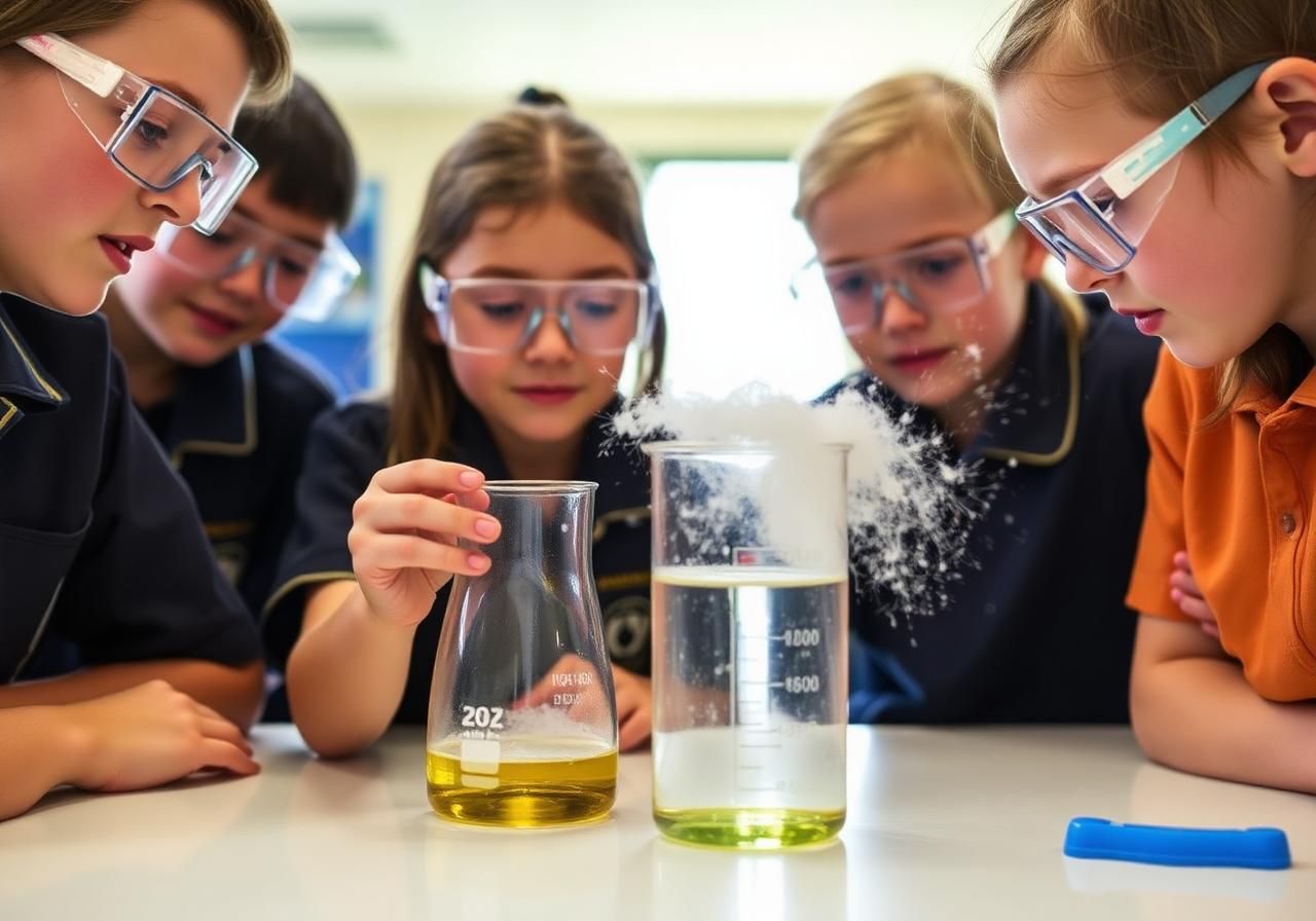 Primary students carrying out a chemical reaction experiment with a facilitator
